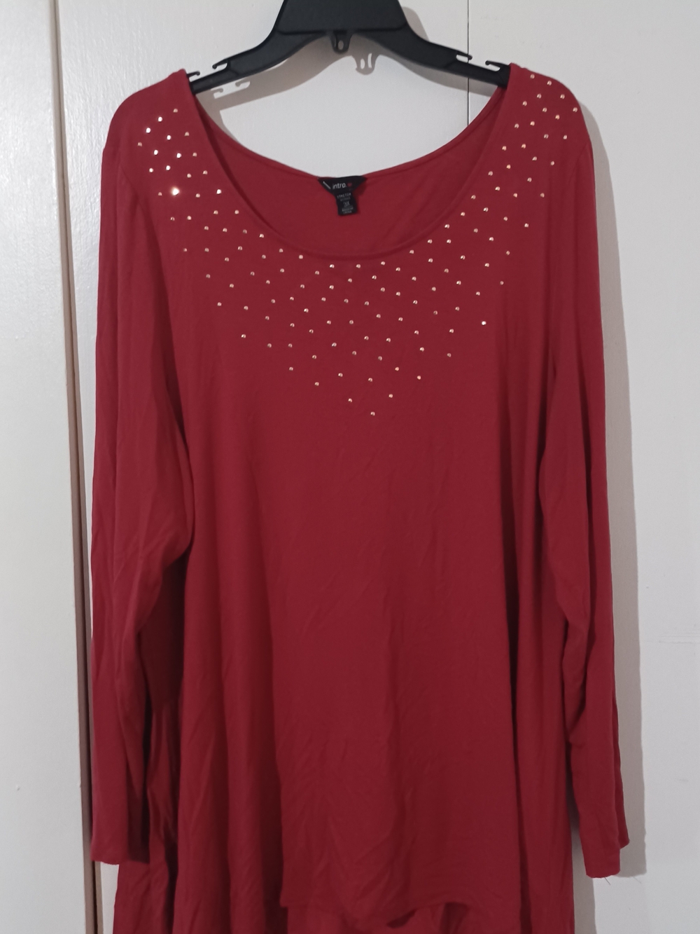 Red Embellished Scoop Neck Long-Sleeve Top
